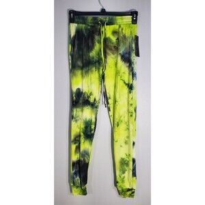 Women's Rainbow Tie Dye Neon Yellow Sz Med Lounge Sweatpants With Ankle Cuffs